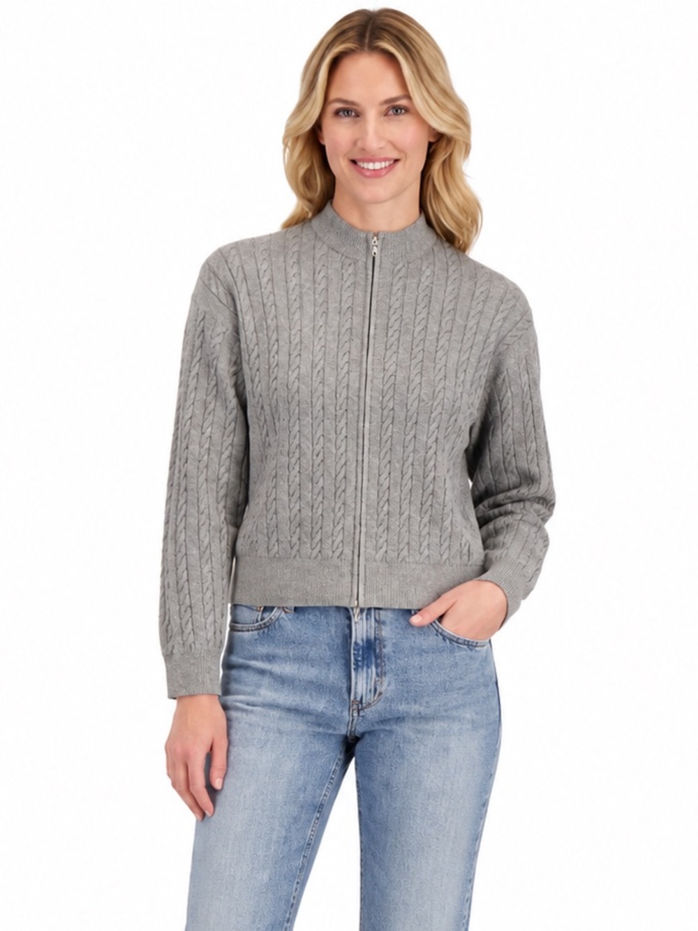 Nautica Grey Cable-Knit Zip Front Cardigan